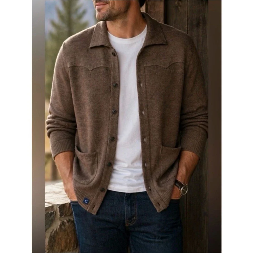 Alpaca Western Sweater Jacket Men’s Button Front Cardigan Patch Pocket Large